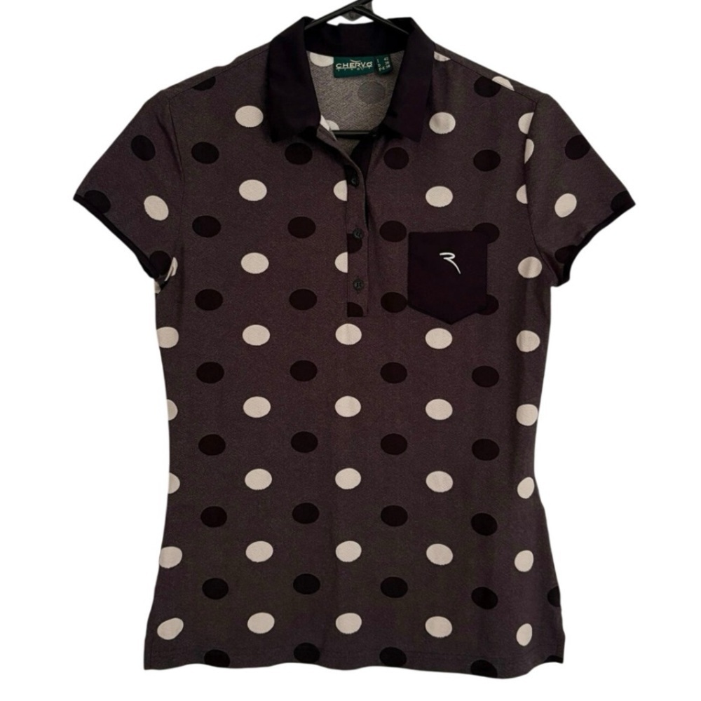 Chervò Sport Women’s 1/2 Button Polo Women’s Sz 6 Black, Gray, White Polka Dots
